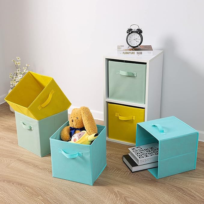 Stero Fabric Storage Bins 6 Pack Fun Colored Durable Storage Cubes with Fabric Handles Foldable Cube Baskets for Home, Kids Room, Closet and Toys Organization Cyan, Green, Yellow