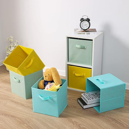 Stero Fabric Storage Bins 6 Pack Fun Colored Durable Storage Cubes with Fabric Handles Foldable Cube Baskets for Home, Kids Room, Closet and Toys Organization Cyan, Green, Yellow