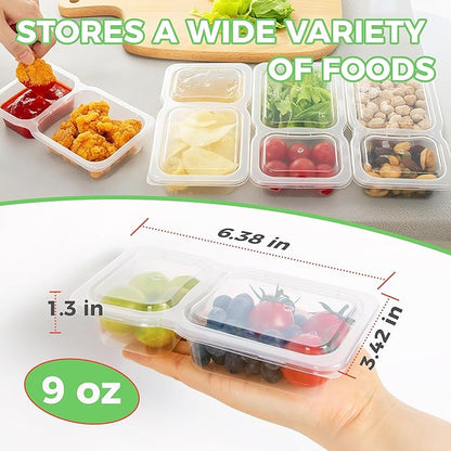 MACTANO Reusable Snack Containers with Lids, 9 oz Double Compartment Plastic Snack Pack Containers Portion Control Meal Prep Snack Boxes BPA Free 40 Sets for Work Travel School