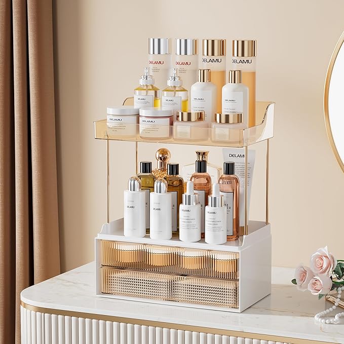 Delamu Bathroom Organizers and Storage, 2 Tier 2 Drawer Makeup Organizer Countertop, Easy to Install, Ideal for Bathroom Counter, Vanity, Ideal for Women Girls, Amber 2Pack