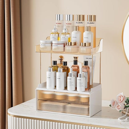 Delamu Bathroom Organizers and Storage, 2 Tier 2 Drawer Makeup Organizer Countertop, Easy to Install, Ideal for Bathroom Counter, Vanity, Ideal for Women Girls, Amber 2Pack