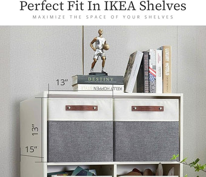 DECOMOMO Kallax Storage Cubes - 13x15x13 Storage Bins, Baskets for Organizing Shelves (Grey and White, 4-Pack)