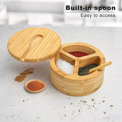 Salt Cellar - Salt Container Holder with Swivel Magnetic, 3 Compartment Salt Cellar with Lid and Spoon Holder, Wood Bowl Box, Salt and Pepper Bowls with Swivel Lid to Storage, 6OZ