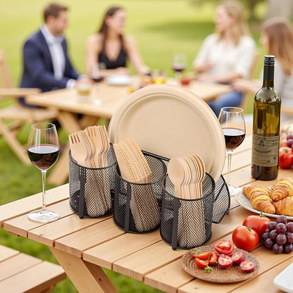 Utensil Caddy Silverware Holder for Party, Metal Mesh Cutlery Storage Organizer for Forks Spoons Napkins Plates, Perfect for Kitchen, Buffet, Picnic, Camping & Outdoor BBQ