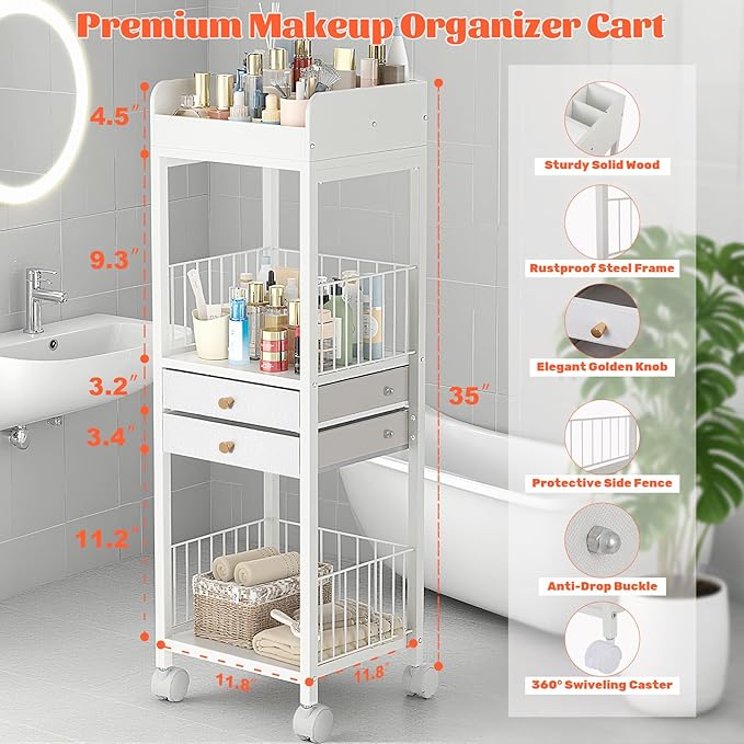 Makeup Organizer Cart, Rolling Floor Skincare Organizer and Storage with 2 Drawers, Versatile Makeup Vanity Display Cases Holder for Skin Care, Cosmetics, Perfume, Nail Polish, Makeup Brush, Hair Tool