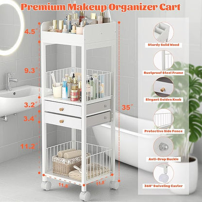 Makeup Organizer Cart, Rolling Floor Skincare Organizer and Storage with 2 Drawers, Versatile Makeup Vanity Display Cases Holder for Skin Care, Cosmetics, Perfume, Nail Polish, Makeup Brush, Hair Tool