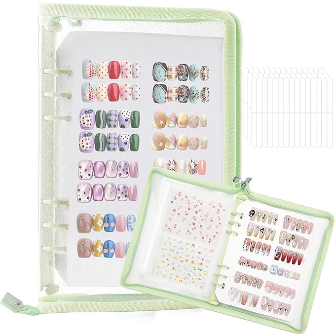 18PCS Press On Nail Organizer Clear Empty Press on Nail Packaging Set with 8 Insert Pages,8 nail double tape and 1 Zipper Pocket for Fake Nail Storage Nail Art Salon (green)