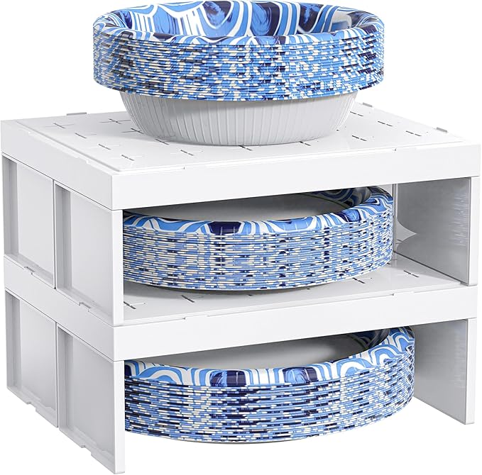 Paper Plate Dispenser and Paper Bowl Dispenser, Space-Saving Plastic, Foam, Disposable Plate and Bowl Organizer, Set of 2 Stackable Kitchen Organizer for Cabinet, Countertop, Shelf (White)