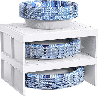 Paper Plate Dispenser and Paper Bowl Dispenser, Space-Saving Plastic, Foam, Disposable Plate and Bowl Organizer, Set of 2 Stackable Kitchen Organizer for Cabinet, Countertop, Shelf (White)