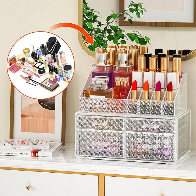 Awenia 2 Pack Makeup Organizer with Drawers[Upgraded]-Acrylic Make up Organizers and Storage Case for Cosmetics,Brush,Perfume,Jewelry Display, Vanity and Bathroom Accessories