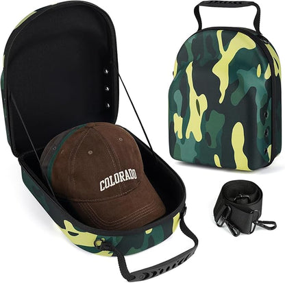GERMUN Hard baseball hat case, Hat Carrier Travel Case with Adjustable Shoulder Strap, Hat cap case for 6 Baseball Caps - Perfect for Traveling (Camo Green)
