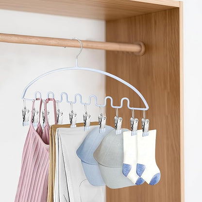 Legging Organizer for Closet,Metal Wave Design Pants Hanger with 10 Clips 7 Hooks, Closet Storage for Pants, Skirts, Hats (Blue, 1Pack)