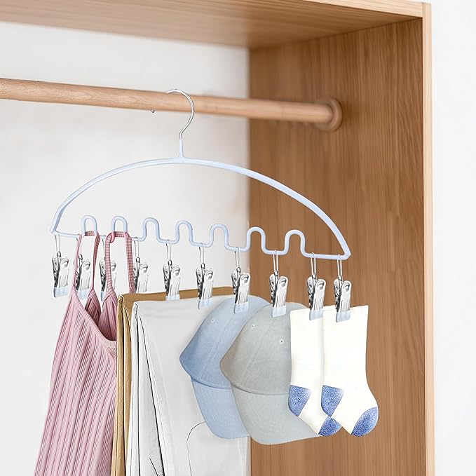 Legging Organizer for Closet,Metal Wave Design Pants Hanger with 10 Clips 7 Hooks, Closet Storage for Pants, Skirts, Hats (Blue, 4Pack)