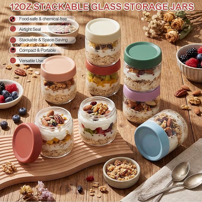 12 Pack Overnight Oats Containers with Lids, Wide Mouth Jars, Glass Food Storage Containers with Airtight Lids, CRYSTAL Storage Canister for Cereal Salad Spice Sugar (Bright Color,12oz)
