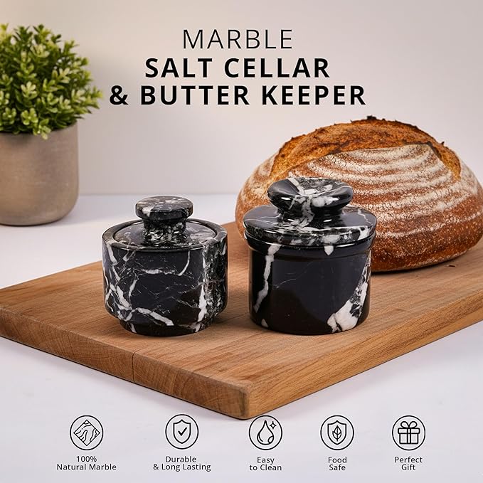 Marble Butter Keeper and Salt Cellar Set, Black Zebra Marble Kitchen Counter Containers for Butter, Seasoning & Condiments, Home & Kitchen Décor