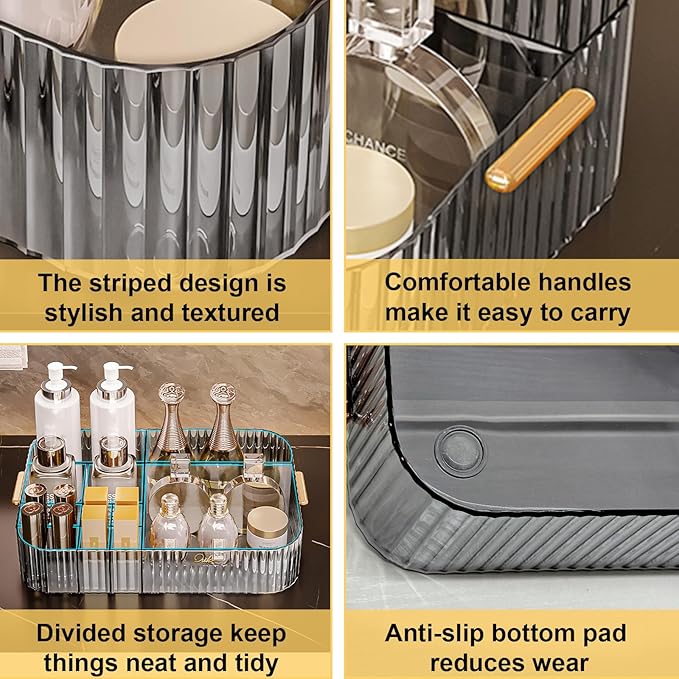 DASITON Large Capacity Makeup Organizer,12 Slots Makeup Brush Holder,Makeup Storage with Handle,Vintage Striped Cosmetic Organizer for Bathroom Countertops,Desk Storage Container(Grey)