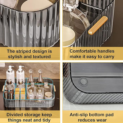 DASITON Large Capacity Makeup Organizer,12 Slots Makeup Brush Holder,Makeup Storage with Handle,Vintage Striped Cosmetic Organizer for Bathroom Countertops,Desk Storage Container(Grey)