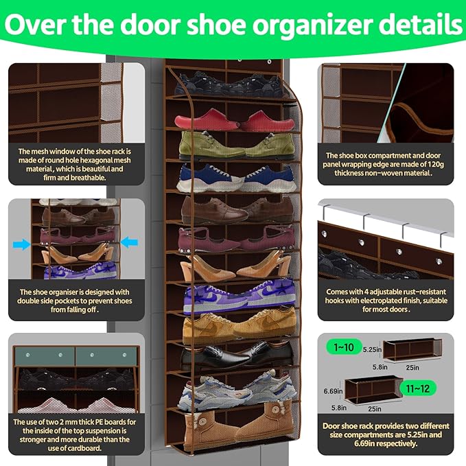 PAULONE 12 Pocket Over the Door Shoe Organizer,Reusable Breathable Large Mesh Bag Men's & Women's Sneaker Organizer,Shoe Organizer for Kids,Hanging Shoe Storage Hanging Bag (Coffee brown)