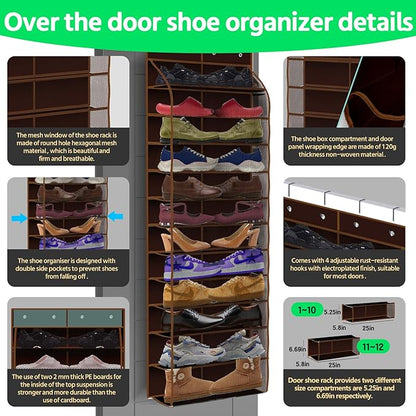 PAULONE 12 Pocket Over the Door Shoe Organizer,Reusable Breathable Large Mesh Bag Men's & Women's Sneaker Organizer,Shoe Organizer for Kids,Hanging Shoe Storage Hanging Bag (Coffee brown)