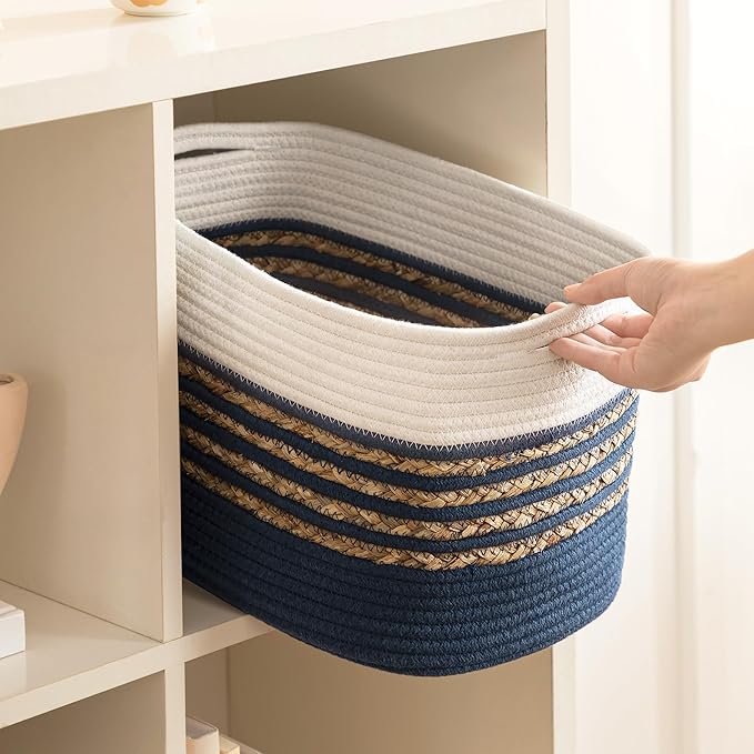 UBBCARE 1 Pack Baskets for Organizing, Woven Storage Baskets for Toys and Towel, Rectangle Cotton Rope Basket with Handles, 14''L x 8''W x9''H, Navy Blue