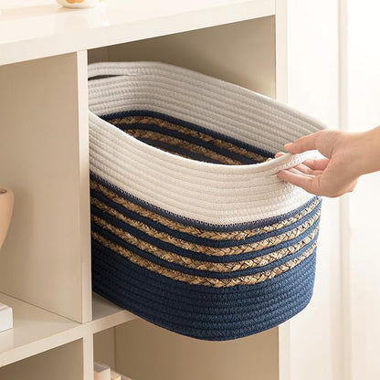 UBBCARE 3 Pack Baskets for Organizing, Woven Storage Baskets for Toys and Towel, Rectangle Cotton Rope Basket with Handles, 14''L x 8''W x9''H, Navy Blue