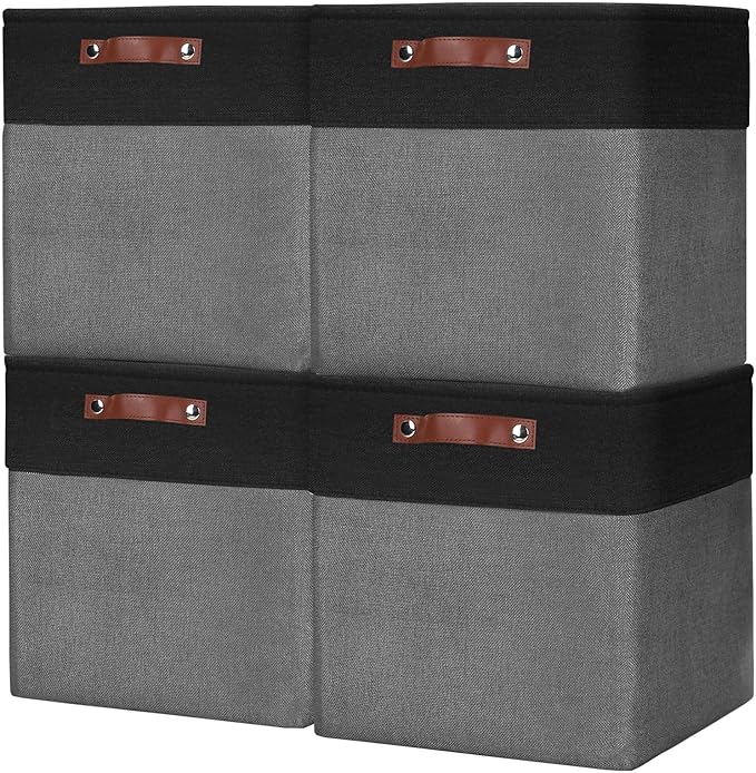 Bagnizer 13x13 Cube Storage Bins, Collapsible Fabric Storage Box, 4 Pack Closet Baskets with Handles for Organizing, Shelf, Toys, Clothes, Home, Office, Nursery (Grey&Black)