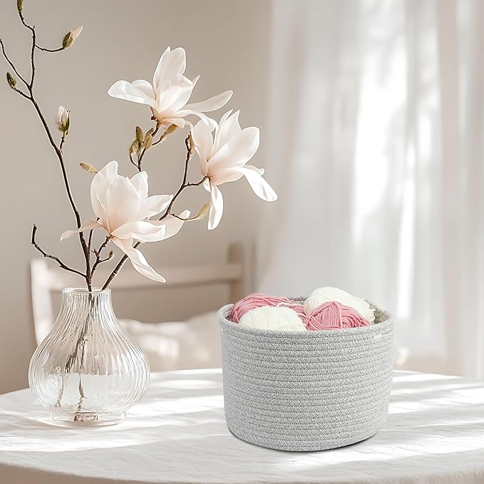 XUANGUO Woven Cotton Storage Baskets - 3-Pack Round Bins (10x10x7'') for Shelves, Closets & Bookcases | Durable Rope Organizers for Nursery, Baby, Toys, Easter & More (grey)