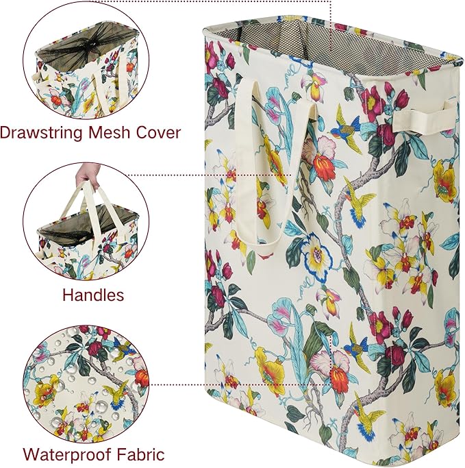 efluky Slim Laundry Basket, Narrow Laundry Hamper with Handles, Collapsible Dirty Clothes Hamper, Tall Laundry Bin for Laundry Room, Dorm and Bedroom, 48L (12.7 Gallon) Floral