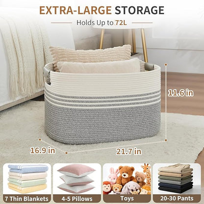 AINUOQI Laundry Basket with Handles - Blanket Basket & Hampers for Bedroom Aesthetic, Laundry Hamper & Blanket Storage for Living Room, Clothes Hamper, Tall, Large 21.7" x 16.9" x 11.8”, Grey