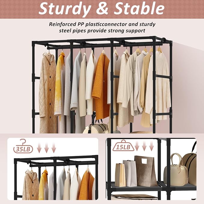 Wardrobe Closet, Quick and Easy Assembly, Gray Large Capacity Portable Closet with 3 Hanging Rods 6 Storage Shelves and 8 Side Pockets, Clothes Rack with Cover, for Bedroom and Living Room