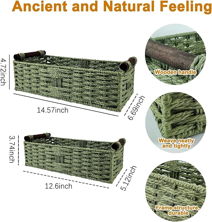 Green Toilet Basket Tank Topper for Bathroom Organizers & Storage, Paper Rope Imitation Wicker Toilet Paper Holder Basket with Handles for Desk, Countertop, Boho Coastal Bathroom Decor 2 PCS