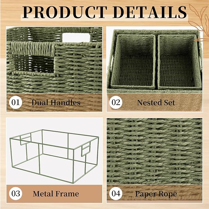 OIAHOMY Wicker Baskets for Organizing, Large and Small Shelf Baskets Set, Handwoven Bins for Storage,Paper Rope Home Organizers, Set of 3-Green
