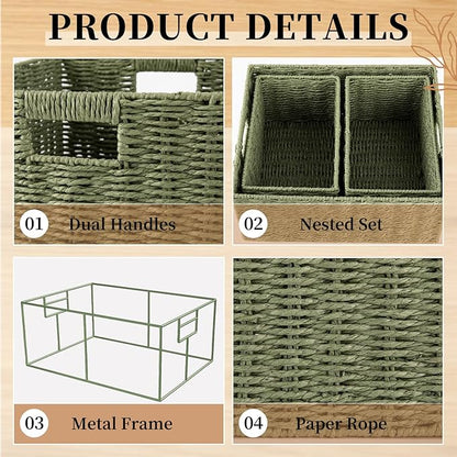 OIAHOMY Wicker Baskets for Organizing, Large and Small Shelf Baskets Set, Handwoven Bins for Storage,Paper Rope Home Organizers, Set of 3-Green