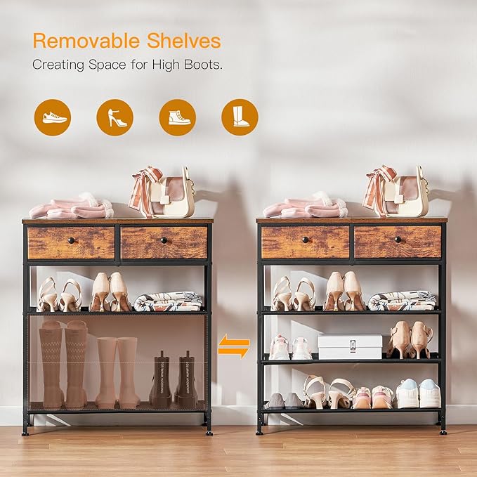 usikey Shoe Rack, 4 Tier Shoe Storage Organizer with 2 Drawers, Metal Shoe Shelf for 9-12 Pairs of Shoes, with 3 Oxford Fabric Shelves and Wooden Top, Shoe Stand for Entryway, Rustic Brown UNYXJX012F