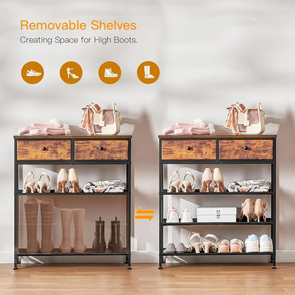 usikey Shoe Rack, 4 Tier Shoe Storage Organizer with 2 Drawers, Metal Shoe Shelf for 9-12 Pairs of Shoes, with 3 Oxford Fabric Shelves and Wooden Top, Shoe Stand for Entryway, Rustic Brown UNYXJX012F