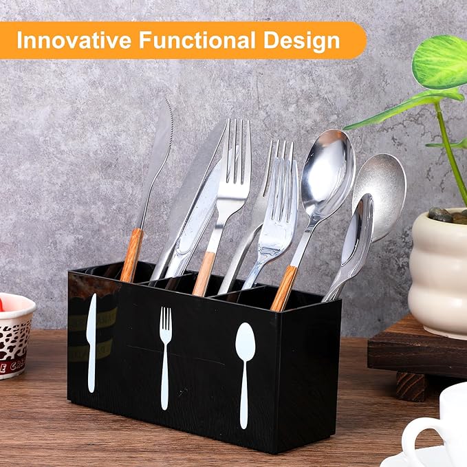 Cutlery Storage Organizer Silverware Caddy Utensil Holder Countertop Knife Spoon and Fork Organizer Kitchen 3 Section Tableware Storage Box Indoor Outdoor Party Tableware Holder (Black)