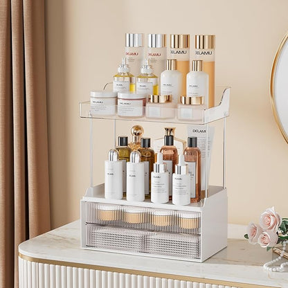 Delamu Bathroom Organizers and Storage, 2 Tier 2 Drawer Makeup Organizer Countertop, Easy to Install, Ideal for Bathroom Counter, Vanity, Clear