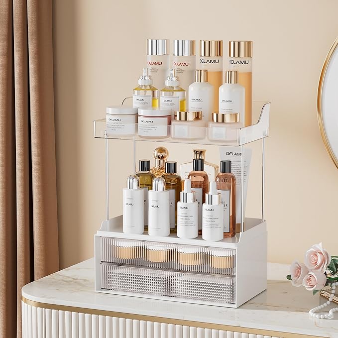 Delamu Bathroom Organizers and Storage, 2 Tier 2 Drawer Makeup Organizer Countertop, Easy to Install, Ideal for Bathroom Counter, Vanity, Ideal for Women Girls, Clear 2Pack