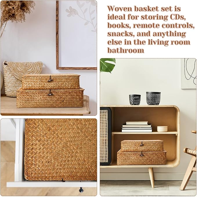 Didaey Set of 4 Seagrass Basket with Lid Wicker Storage Basket Decorative Storage Boxes with Lids Flat Storage Bins Woven Organizer Baskets for Shelf Closet Bedroom, 4 Sizes (Brown)