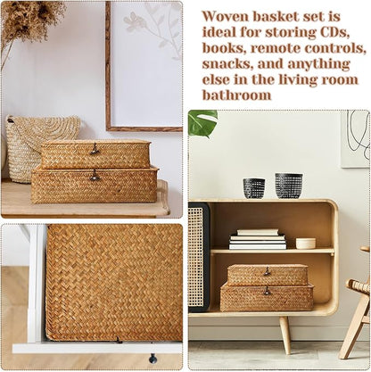 Didaey Set of 4 Seagrass Basket with Lid Wicker Storage Basket Decorative Storage Boxes with Lids Flat Storage Bins Woven Organizer Baskets for Shelf Closet Bedroom, 4 Sizes (Brown)