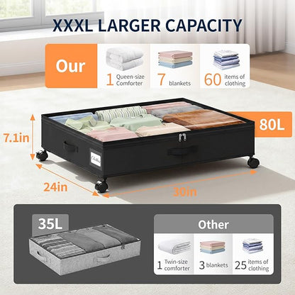 Yecaye 80L Under Bed Storage with Wheels, 2 Pack Under Bed Storage Containers with Lids for Clothes, Shoes and Blankets, Metal Rolling Underbed Storage Drawers for Bedrooms and Dorms, Black