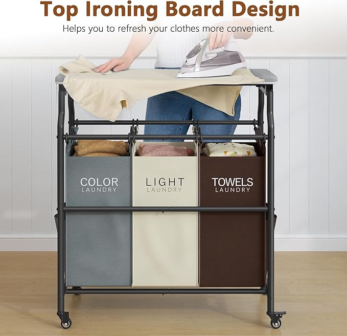 Hoctieon 3 Section Laundry Sorter Cart with Ironing Board, Laundry Hamper Basket with Shelf and Wheels, Heavy Duty Clothes Organizer, Large Clothes Separator with Removable Bags, Brown+Gray+Beige