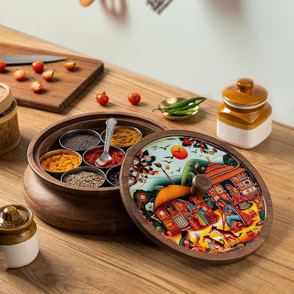 Wooden Spice box for kitchen with spoon, Mango wood box with 7 Steel containers | Masala box for kitchen | Masala Dani | Best Gift (Red Masala Box)