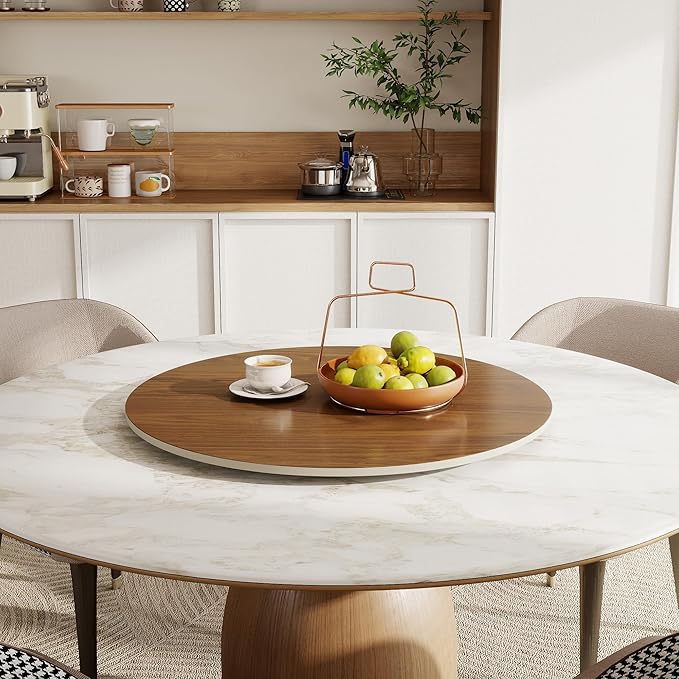 31.5" Sintered Stone Lazy Susan for Table Top- Extra Large Round Lazy Susan Organizer - Kitchen Revolution for Countertop(Walnut-Colored Wood Grain)