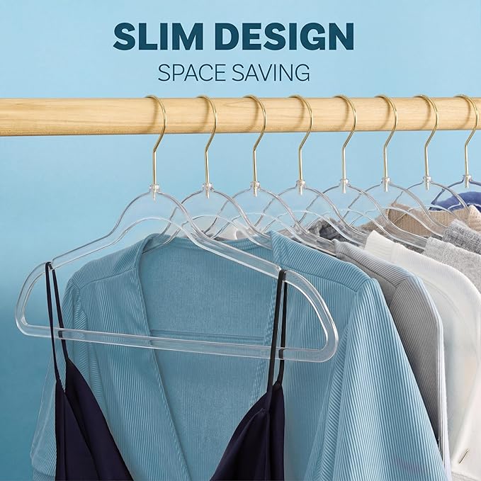 DEILSY™ Clear Hangers 50 Pack with Gold Hook - Non Velvet Slim Hangers - Durable Hanger Space Saver for Closet Organization, Shirts, Dresses, Jackets, Pants, Adult Clothes Storage Solution