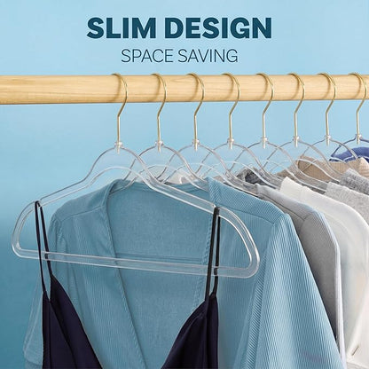 DEILSY™ Clear Hangers 50 Pack with Gold Hook - Non Velvet Slim Hangers - Durable Hanger Space Saver for Closet Organization, Shirts, Dresses, Jackets, Pants, Adult Clothes Storage Solution