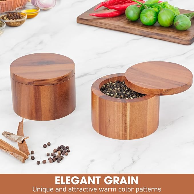 Demigo Acacia Salt Cellar 9 Ounces Capacity, Wood Salt Box With Swivel Cover, Spice Keeper, Wood Jar For Kitchen, Perfect For Keeping Table Salt, Gourmet Salts, Herbs or Favorite Seasonings