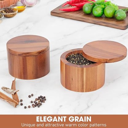 Demigo Acacia Salt Cellar 9 Ounces Capacity, Wood Salt Box With Swivel Cover, Spice Keeper, Wood Jar For Kitchen, Perfect For Keeping Table Salt, Gourmet Salts, Herbs or Favorite Seasonings
