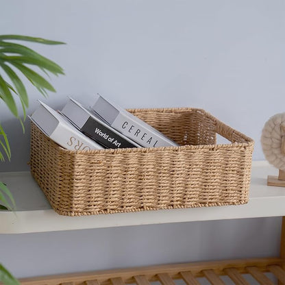 Drawer basket Handwoven Paper Rope Rectangular Shallow Basket Storage-15.35X12.01X4.72 Inches (Light brown)