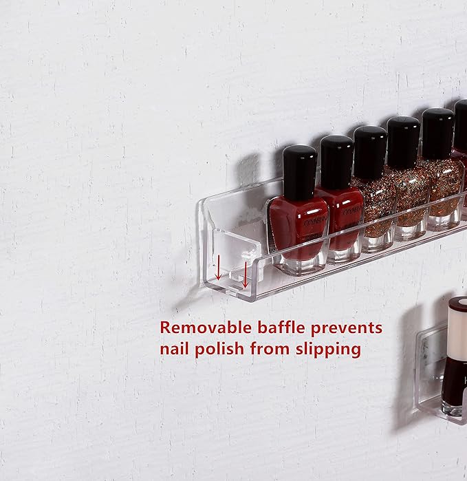 LikeU Nail Polish Rack Wall Mounted Shelf 4 Pack, Clear Acrylic Holder Organizer With Removable Anti-slip End Inserts, 4 Tiers Floating Display for 60 Bottles